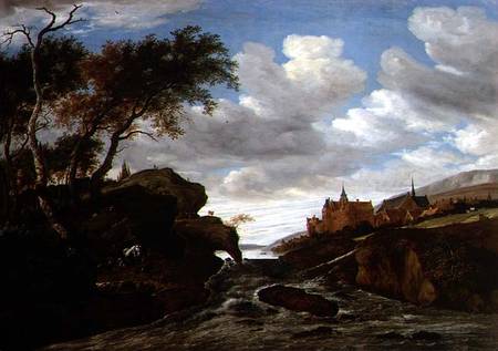 Rocky Landscape with a Waterfall from Salomon van Ruisdael or Ruysdael