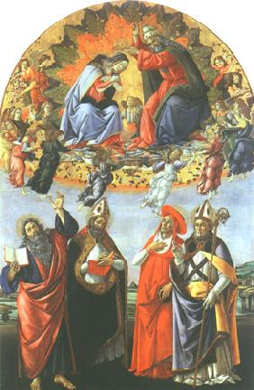 Coronation of Maria with the saints Johannes of the evangelist, Augustinus, Hieronymus and Eligius