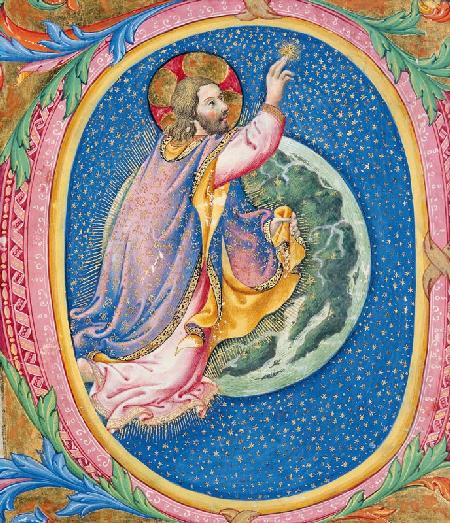 Historiated initial 'O' depicting God creating the stars (vellum)
