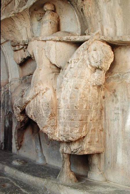 Carving of Khosrow Parviz on his horse Shabdiz with the equipment of a heavy-armoured knight from Sasanian School