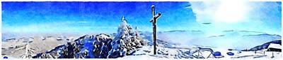 Mountains with snow and cross