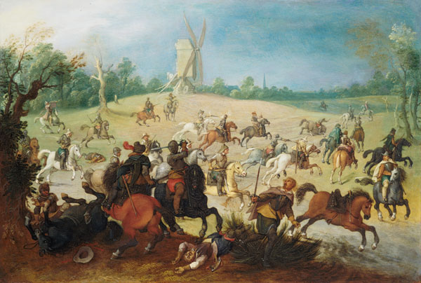 A cavalry battle in a wooded valley before a windmill from Sebastian Vrancx