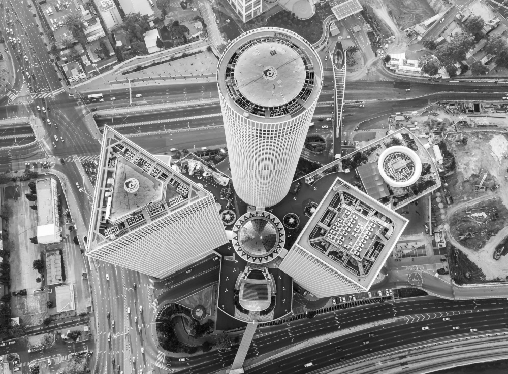 The 3 towers from a drone eye in BW from Shachar Efal