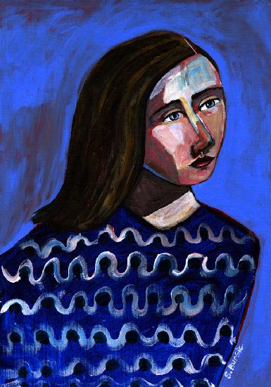 Woman in Blue Sweater Naive Portrait Figurative
