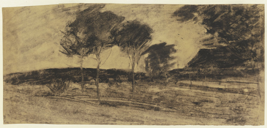Landschaft, links kleiner Hügel, davor drei Bäume, rechts Haus from Sion Longley Wenban