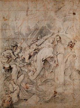 Christ being taken prisoner (black, white and red crayon on brown paper with brown