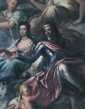 Ceiling of the Painted Hall, detail of King William III (1650-1702) and Queen Mary II (1662-94) Enth