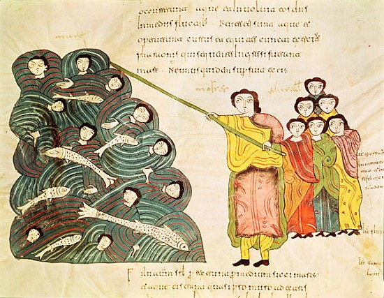 Fol.39v Moses closing the Red Sea on the Egyptians, from the ''Bible Mozarabe'' from Spanish School