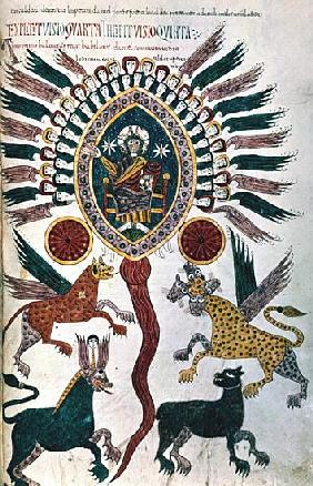 Additional 11695, fol.240 Daniel''s vision of the Four Beasts and God enthroned, from the Beatus Apo