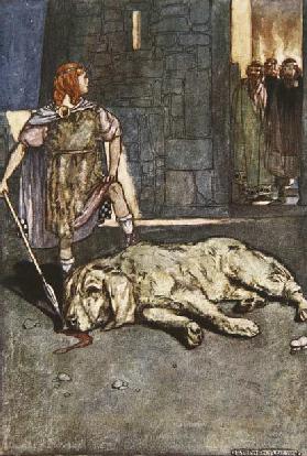 Cuchalain slays the Hound of Culain, illustration from Cuchulain, The Hound of Ulster, by Eleanor Hu
