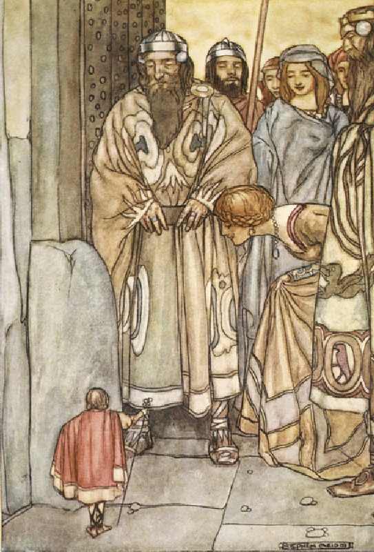 They all trooped out, lords and ladies, to view the wee man, illustration from The High Deeds of Fin from Stephen Reid