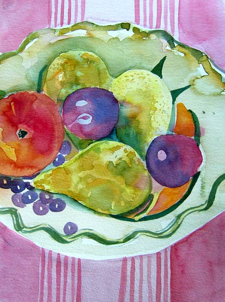 Fruitbowl on a red cloth from Mary Stubberfield