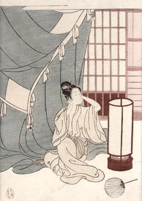 Young woman kneeling by her mosquito net, 1766 (colour woodblock print) from Suzuki Harunobu