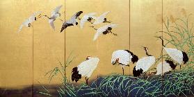 Six-Fold Screen Depicting Reeds and Cranes, Edo period, Japanese, 19th century