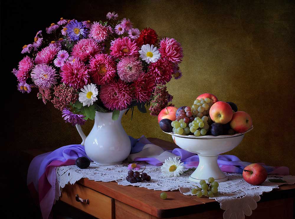 Still life with a bouquet of asters and fruits from Tatyana Skorokhod (Татьяна