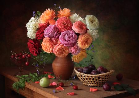 Still life with a bouquet of roses and plums