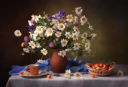 Still life with daisies and cherries