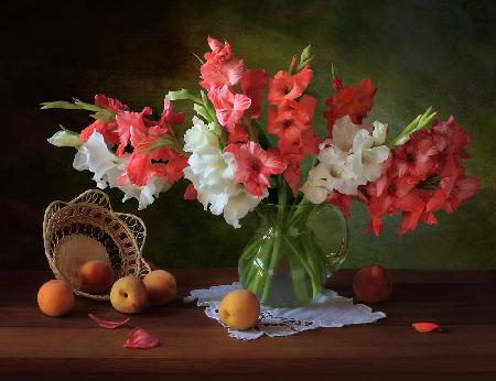 Still life with gladioli and peaches