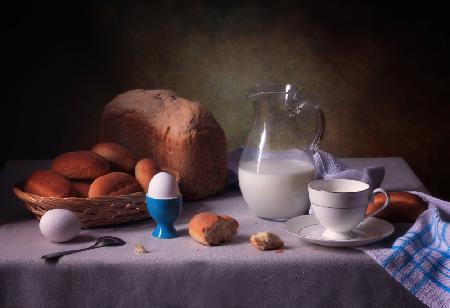 Still life with milk and bread