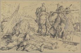 Szene aus dem Dreißigjährigen Krieg (?): Im Vordergrund ein Erschlagener, drei davonziehende, plünde