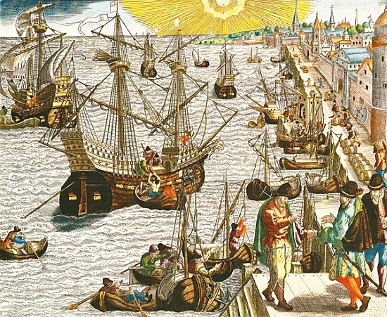 Departure from Lisbon for Brazil, the East Indies and America, illustration from ''Americae Tertia P from Theodore de Bry