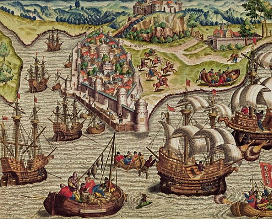 Naval Combat, illustration from ''Americae Tertia Pars...'' from Theodore de Bry