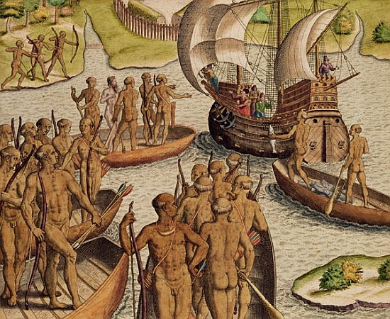 ''The Lusitanians send a second Boat towards me'', from ''Americae Tertia Pars...'' from Theodore de Bry