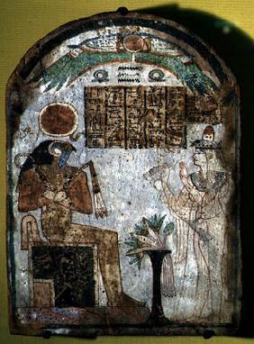 Stela depicting Tachenes praying before the god Re-Horakhty, 900 BC (painted wood)