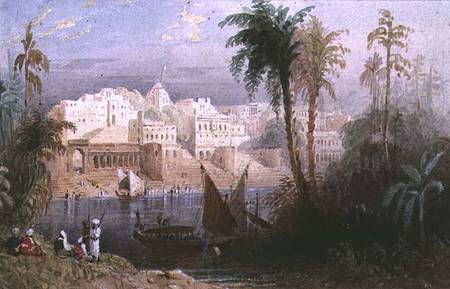 A View of an Indian city beside a river, with boats on the river and figures in the foreground from Thomas Allom