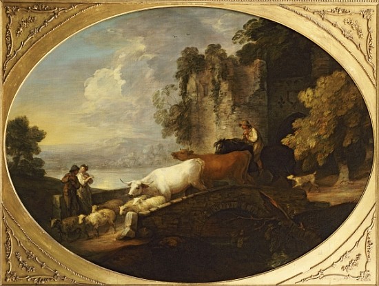 A River Landscape with Rustic Lovers, a Mounted Herdsman Driving Cattle and Sheep over a Bridge with from Thomas Gainsborough