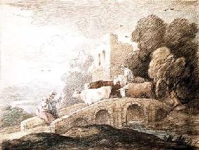 A bridge with cattle passing over