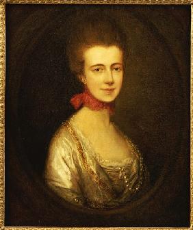 Portrait of Miss Boone, wearing a white dress with gold embroidery and pearl chain, a red ribbon aro