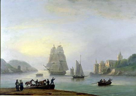 A Brig Entering Dartmouth Harbour, with a Ferry in the Foreground from Thomas Luny