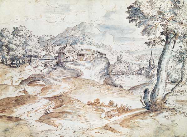 Wooded landscape with village and church (wash & ink on paper) from Tizian (aka Tiziano Vercellio)