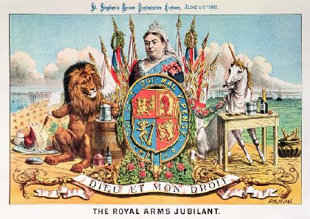 The Royal Arms Jubilant, from 'St. Stephen's Review Presentation Cartoon', 25 June 1887 (colour lith