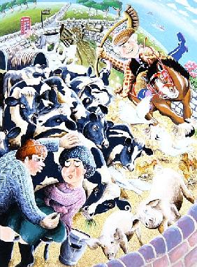 Bessie Bighead receives a stolen kiss amid the farmyard cows, 2007 (acrylic on panel) 