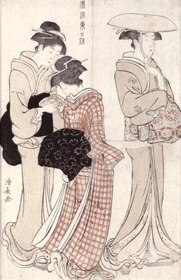 Young woman wearing a wide straw hat, followed by a servant and a companion carrying a 'furoshiki', from Torii Kiyonaga