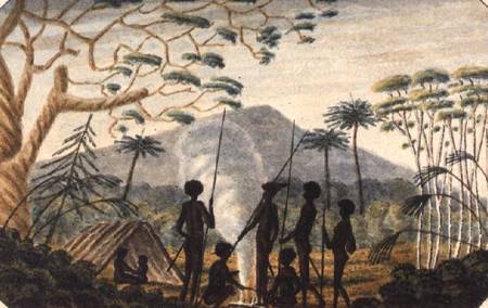 Group of aborigines around a campfire from T.R. Browne