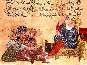 Aristotle teaching. illustration from 'The Better Sentences and Most Precious Dictions' by Al-Moubba