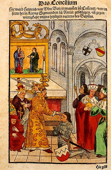 Henry of Ulm is awarded his knighthood the Emperor at the Council of Constance, from ''Chronik des K from Ulrich von Richental