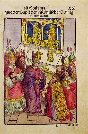 Pope Martin V gives Sigismund the symbolic gift of the Golden Rose at the Council of Constance, from from Ulrich von Richental