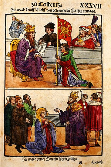 Sigismund raises Count Adolph of Cleves to the rank of Duke at the Council of Constance, from ''Chro from Ulrich von Richental
