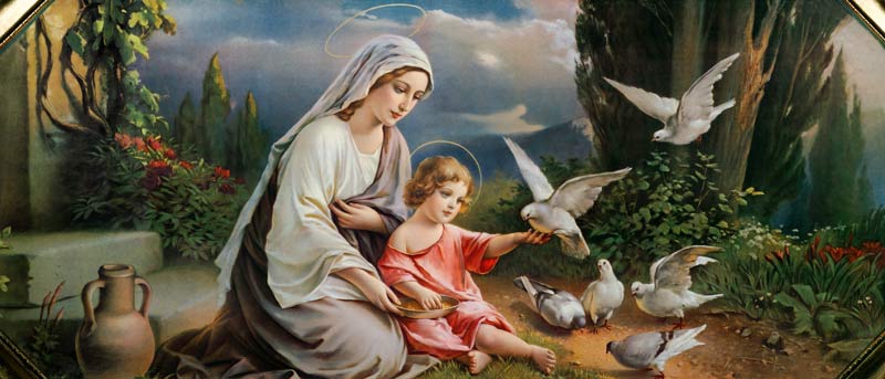 Mary and the Child playing with pigeons in an idealized  Landscape from (around 1900) Anonym