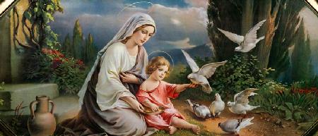 Mary and the Child playing with pigeons in an idealized  Landscape