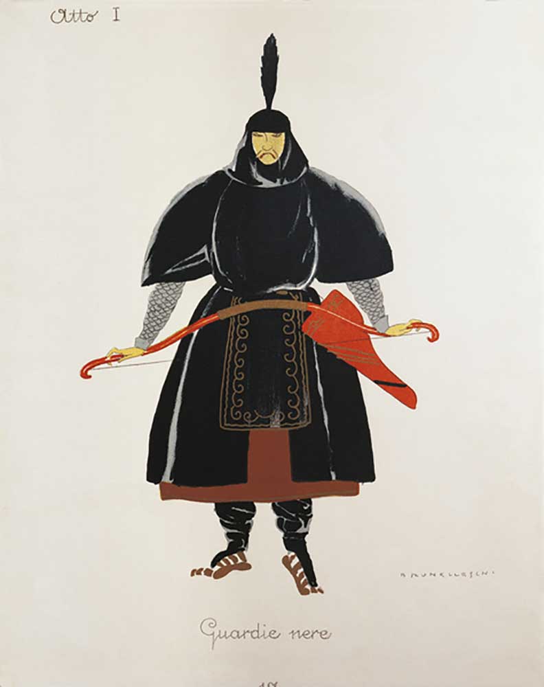 Costume for the black guards from Turandot by Giacomo Puccini, sketch by Umberto Brunelleschi (1879- from Umberto Brunelleschi