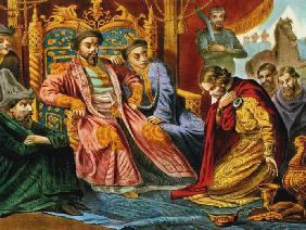 Prince Alexander Nevsky begging Batu Khan for mercy for Russia
