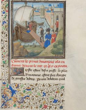 Bohemond I of Antioch traveled back to Apulia. Miniature from the "Historia" by William of Tyre