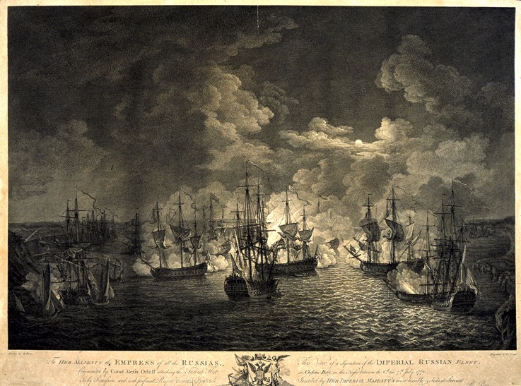 The naval Battle of Chesma on the night 26 July 1770 from Unbekannter Künstler