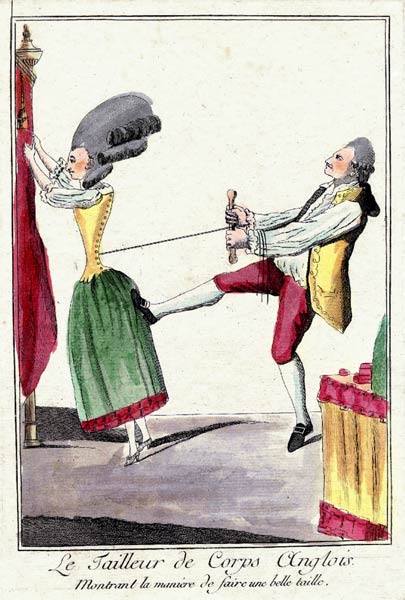 Tailor pulling tight the corset of an Englishwoman from Unbekannter Künstler