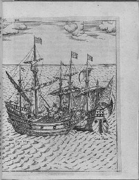 Battle between Francis Drake's ship Golden Hind and the Spanish ship Cacafuego. (From Levinus Hulsiu